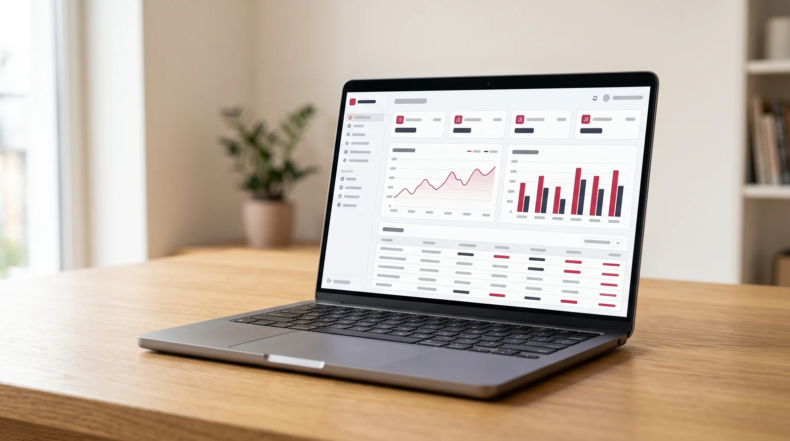 A custom business dashboard on a laptop — summary figures, charts and records in one place