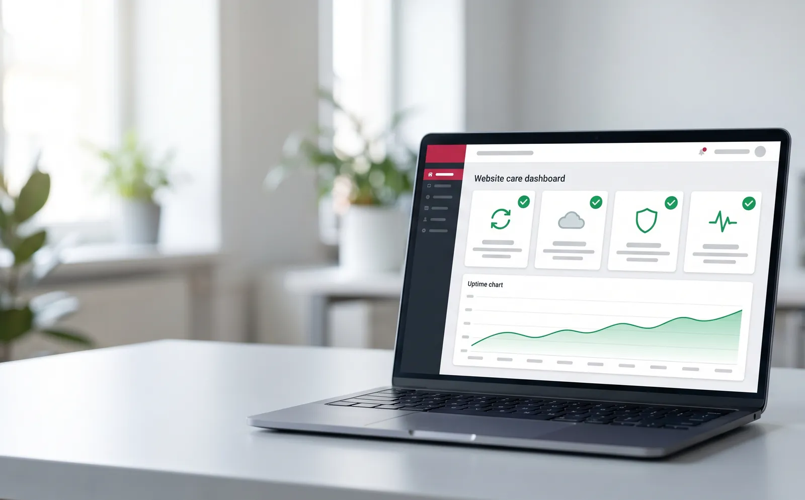 A website care dashboard on a laptop, with updates, backups, security and uptime all checked